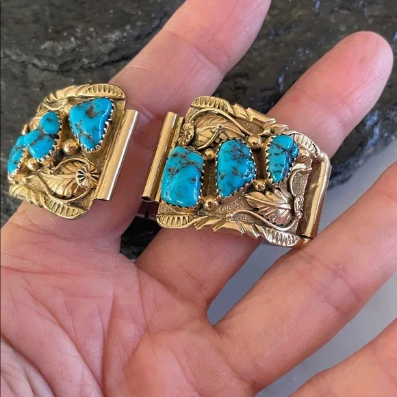 Gold 14K Native American Turquoise Vintage Watch Tips signed Walley - Picture 4 of 15
